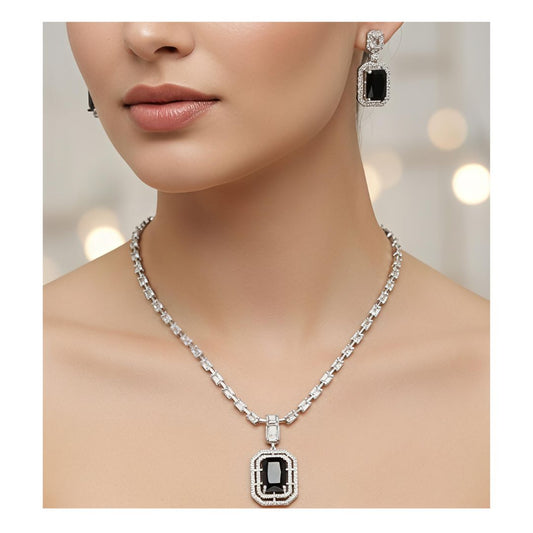 Square Pendant AD Necklace Set with Earrings in Blue
