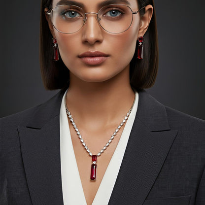 V-Neck AD Stone Necklace for Women | Elegant Silver Finish Jewelry - Red