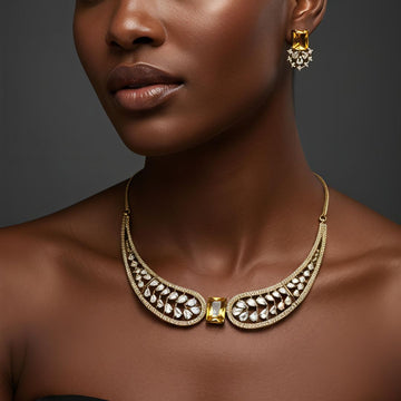 Yellow Stone AD Wing Necklace Set with Earrings | Gold Polish Jewelry for Women
