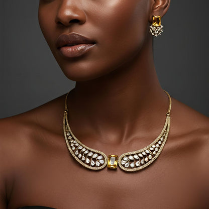 Yellow Stone AD Wing Necklace Set with Earrings | Gold Polish Jewelry for Women