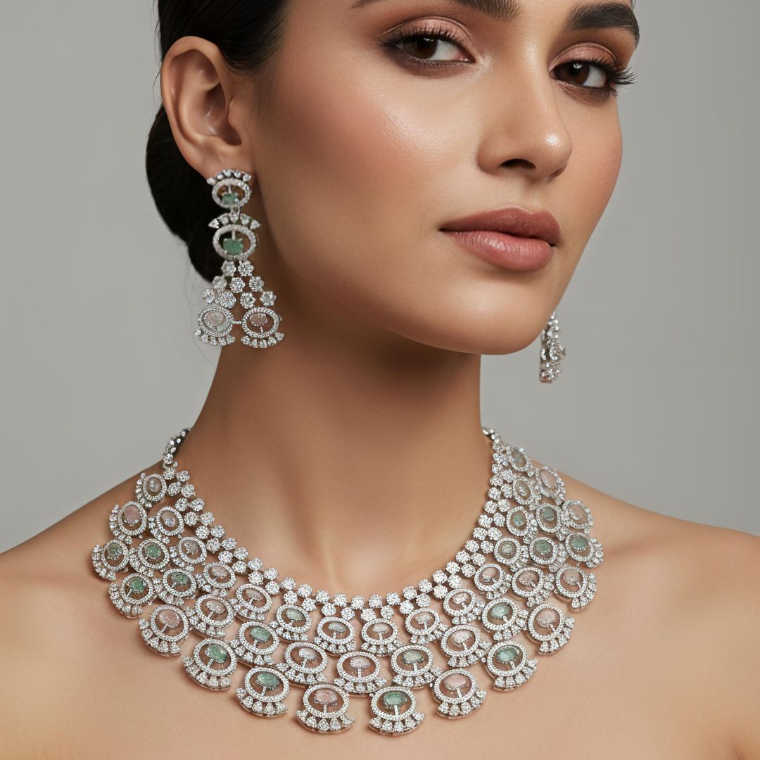 Grand AD Necklace Set for Women | Statement Long Earrings Wedding Jewelry