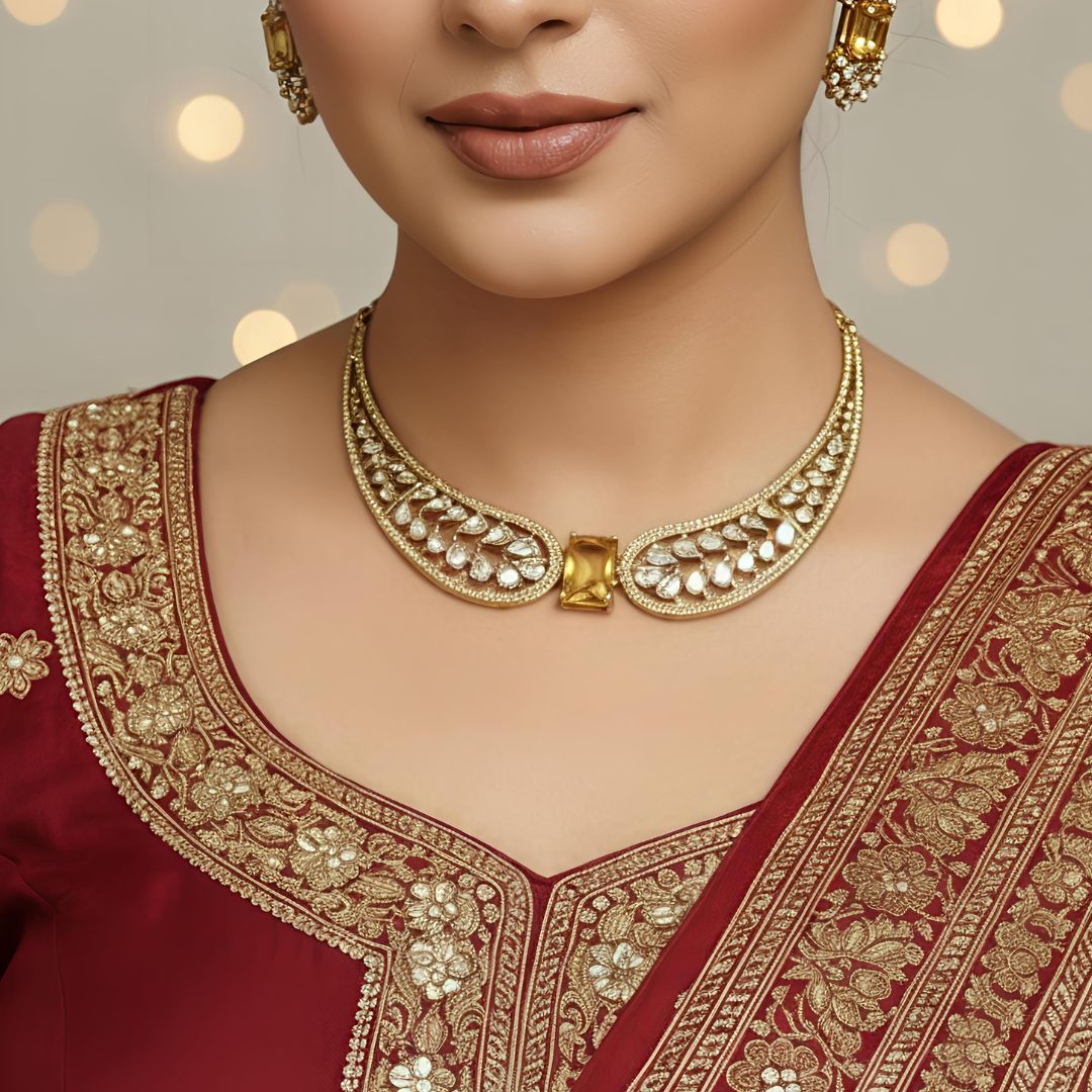 Yellow Stone AD Wing Necklace Set with Earrings | Gold Polish Jewelry for Women