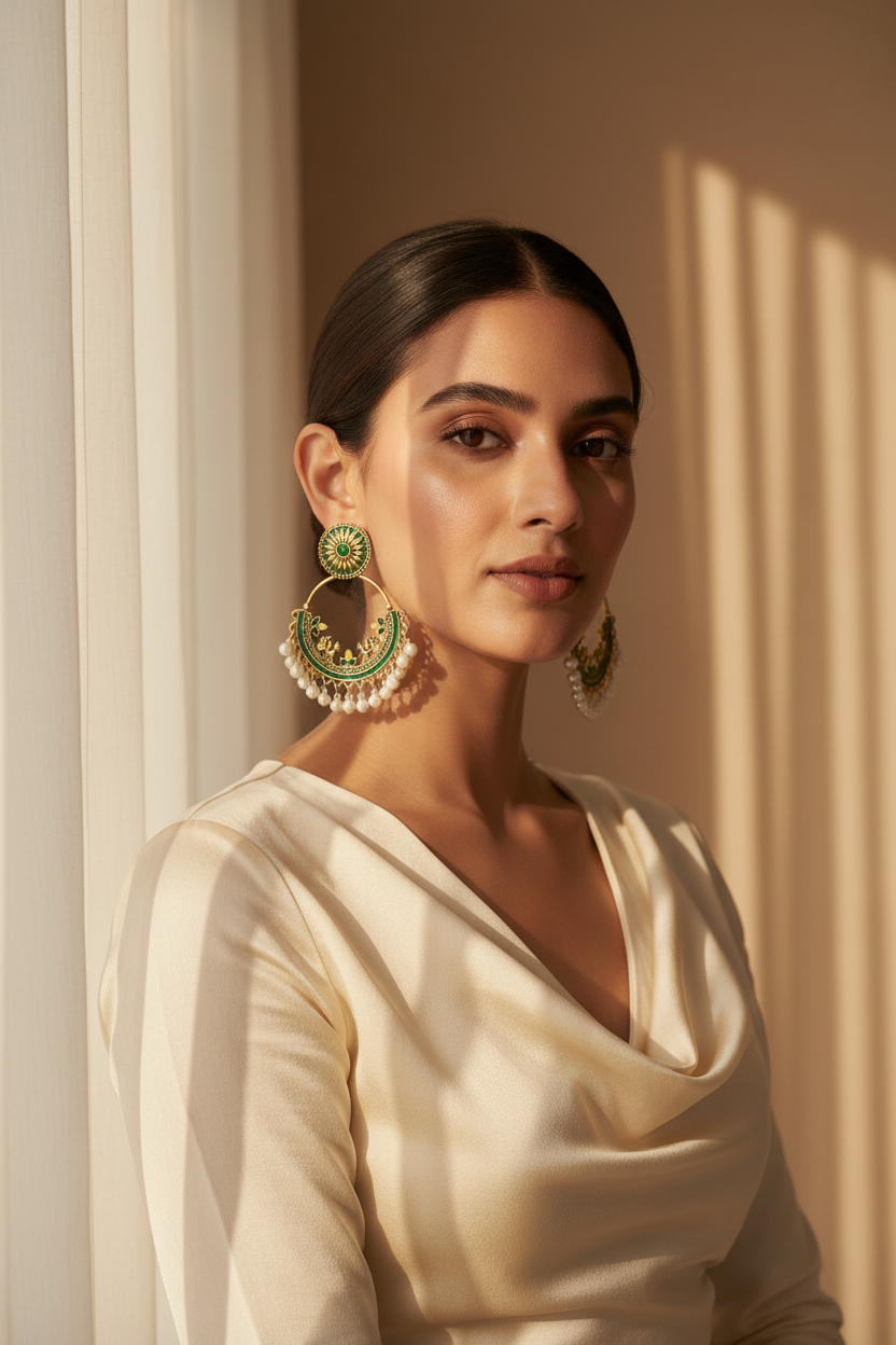 Jhumka - Beautiful Green Traditional Earrings with Pearls