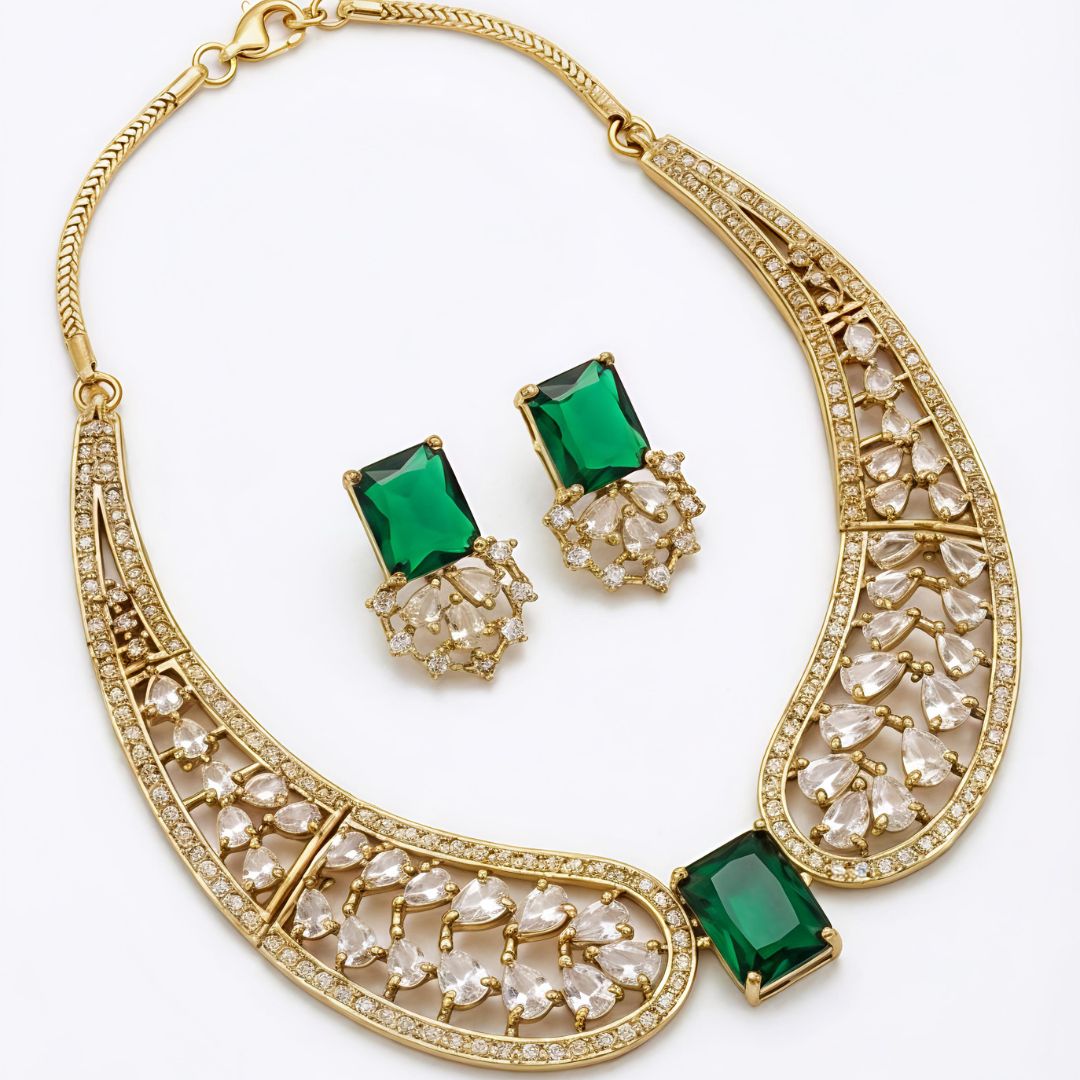 Green Stone AD Wing Necklace Set with Earrings | Gold Polish Jewelry for Women