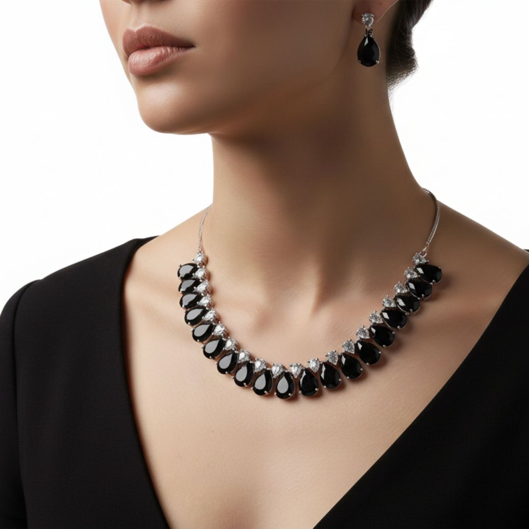 Black AD Stone Necklace and Earrings Set for Women | Brass Party Jewelry