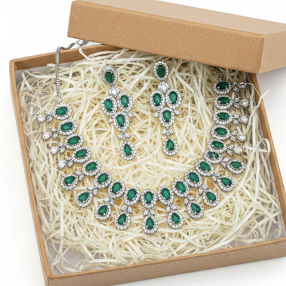 Emerald, Green AD Necklace Set for Women | Royal Silver-Plated Wedding Jewelry