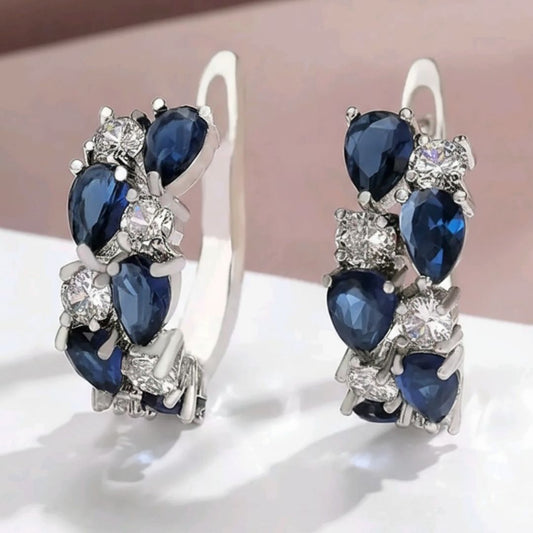 💙Blue Gleam- Blue Cubic Zirconia Hoop Stud Earrings in Copper Alloy