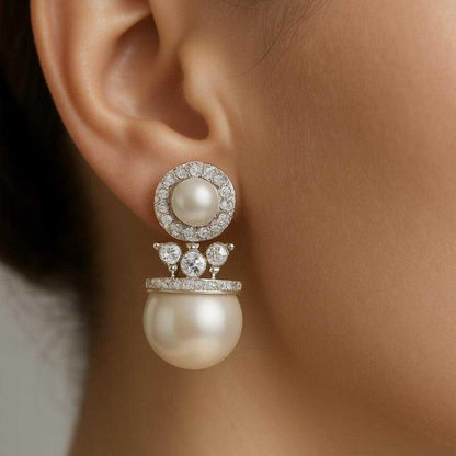 Pearl Glow Dual Stud Earrings - A modern twist on timeless pearls - Brass AD Stud Earrings with Pearl Center & Bottom Accent