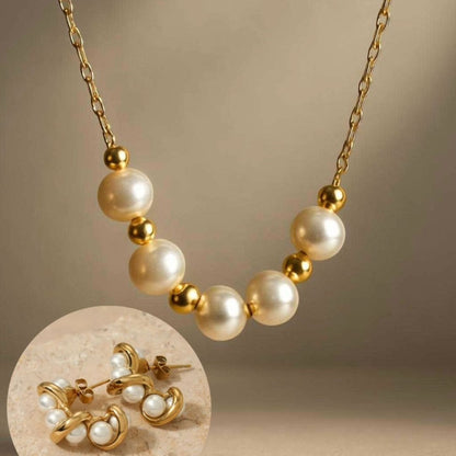 Golden Thread Pearl Necklace & Twirled Pearl Hoop Set
