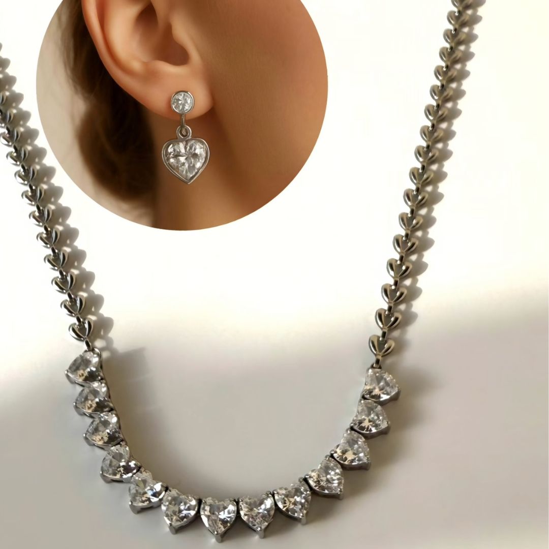 Delicate Silver-Plated Stainless Steel Necklace & Earrings Set with Zirconia Hearts