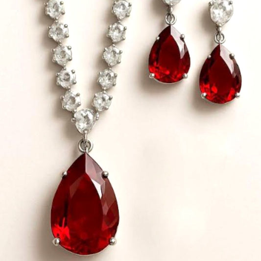 Royal Scarlet Elegance AD Jewelry Set - Shine with timeless Elegance - Brass AD Necklace & Earrings Set with Red Teardrop Stones