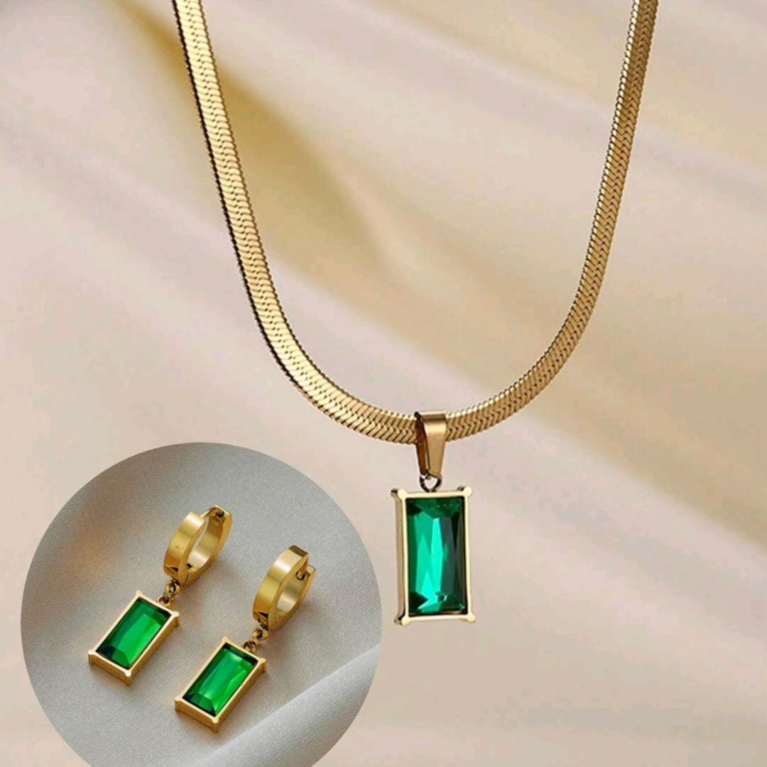 Emerald Luxe Pendant & Drop Hoop Set - Gold-Plated Stainless Steel Chain with Emerald Pendant & Delicate Emerald Drop Hoop Earrings