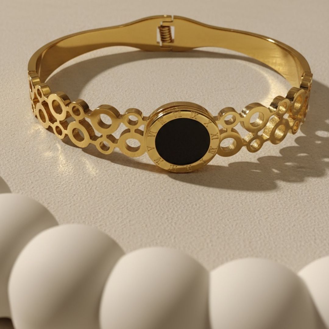 The Nutty One -  Black-Centered Gold Pleated Stainless Steel Bracelet