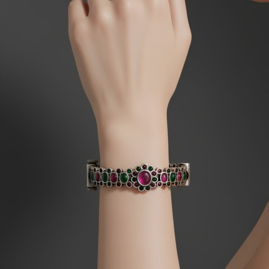Grace Antique Oxidized Silver Bangle – Green & Pink Accents with Screw Clamp