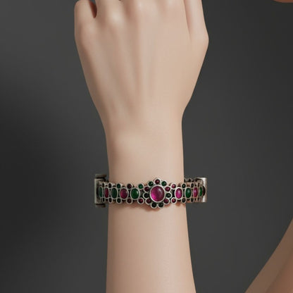 Grace Antique Oxidized Silver Bangle – Green & Pink Accents with Screw Clamp