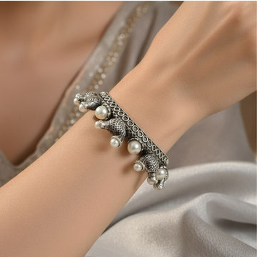 Oxidized Silver Bangle – Royal Heritage Authentic Pearl Detailing