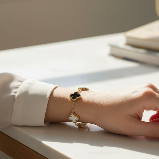 Black & White Clover Stainless-Steel Bracelet – Power Meets Balance