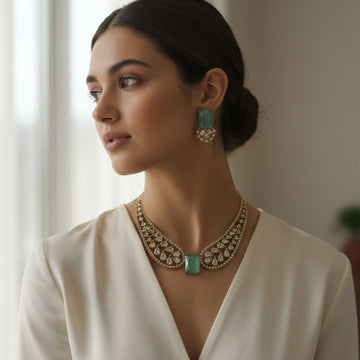 Classic Emerald AD Stone Necklace Set – A Touch of Golden Grace