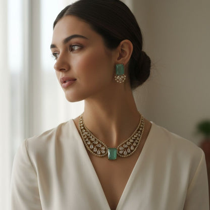 Classic Emerald AD Stone Necklace Set – A Touch of Golden Grace