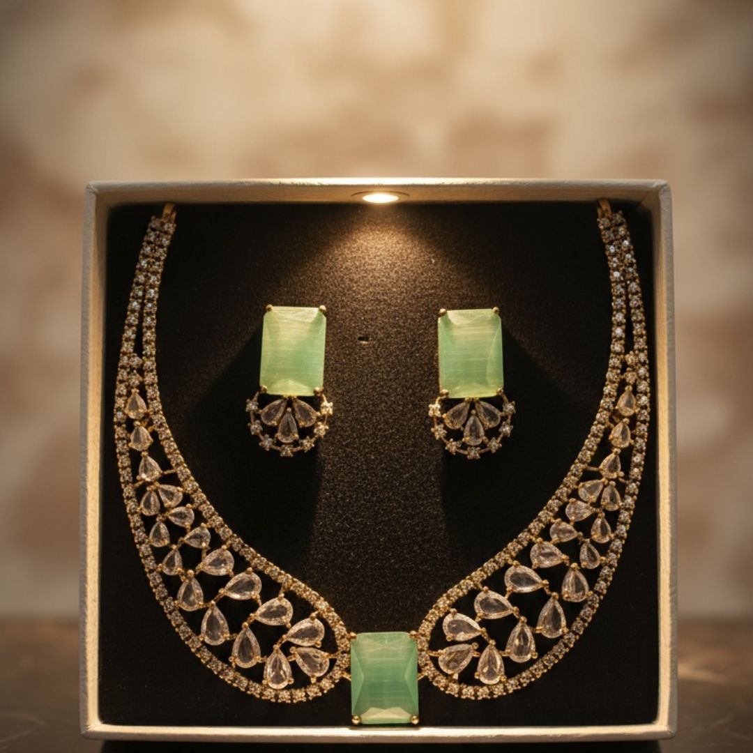 Classic Emerald AD Stone Necklace Set – A Touch of Golden Grace