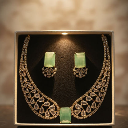 Classic Emerald AD Stone Necklace Set – A Touch of Golden Grace
