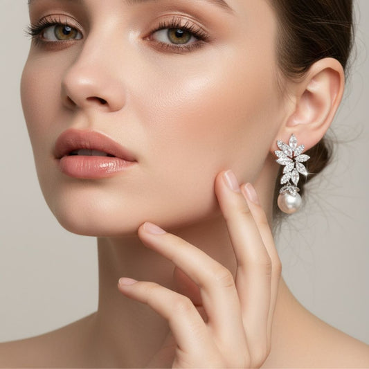 🌸Halo glow -Elegant CZ Shell & Faux Pearl Flower Dangle Earrings