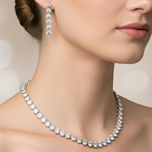 Single Solitaire Necklace and Earring Set - In Premium Silver Plating