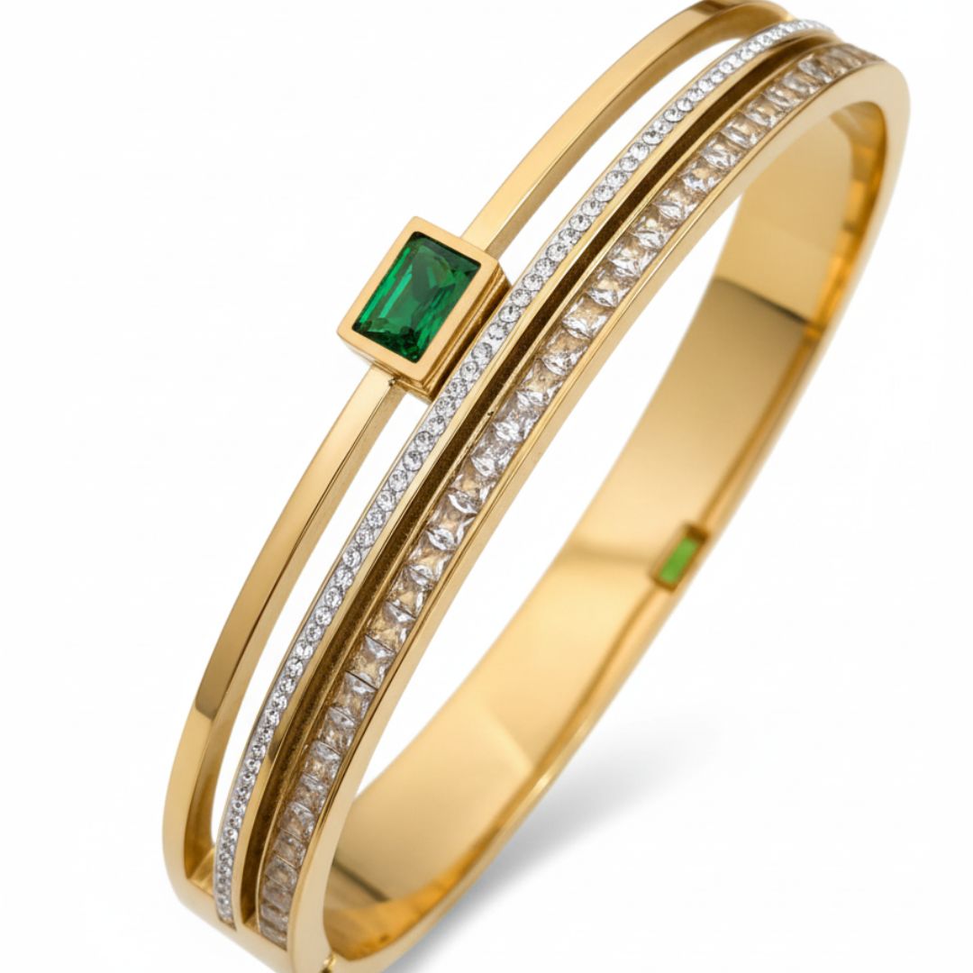 Green Stone Beaded Bangle Bracelet for Women | 18K Gold Plated Jewelry