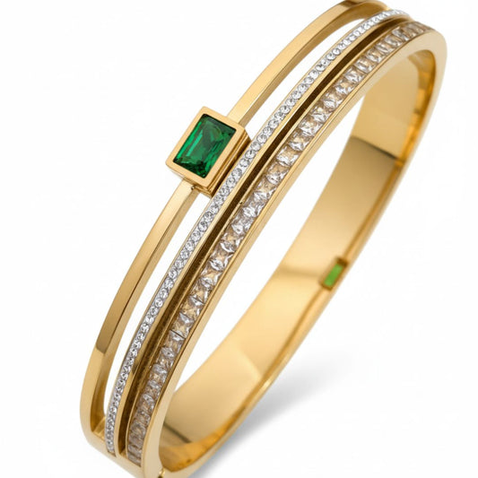 Green Stone Beaded Bangle Bracelet for Women | 18K Gold Plated Jewelry