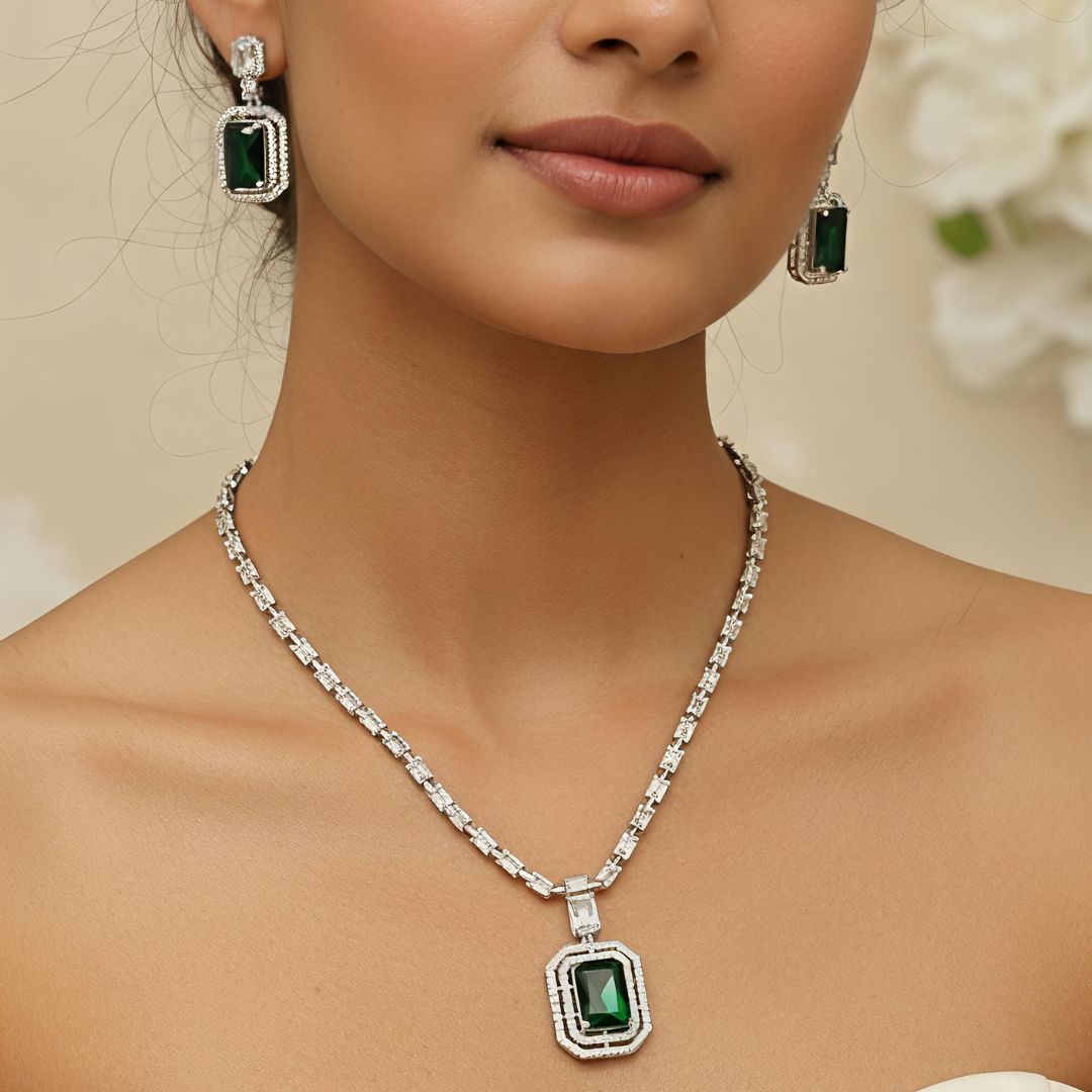 Green - Rectangle Pendant AD Necklace Set – Silver Plated