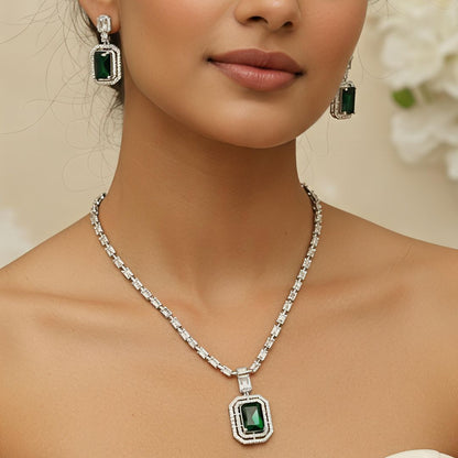 Green - Rectangle Pendant AD Necklace Set – Silver Plated