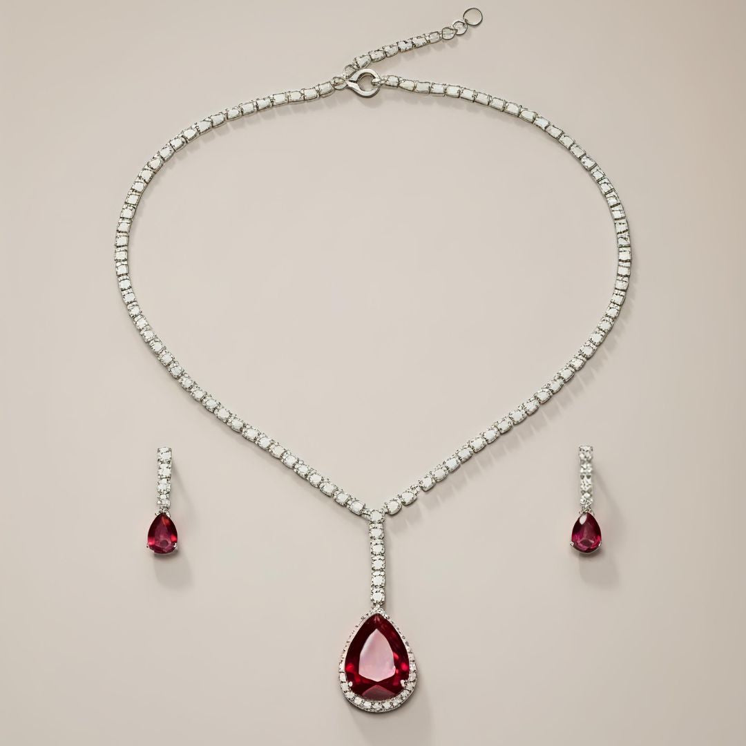 V-Neck AD Stone Necklace Set for Women | Elegant Silver Finish Jewelry - Red