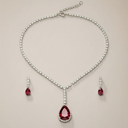 V-Neck AD Stone Necklace Set for Women | Elegant Silver Finish Jewelry - Red