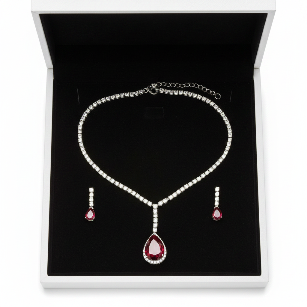 V-Neck AD Stone Necklace Set for Women | Elegant Silver Finish Jewelry - Red