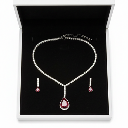 V-Neck AD Stone Necklace Set for Women | Elegant Silver Finish Jewelry - Red