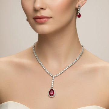 V-Neck AD Stone Necklace Set for Women | Elegant Silver Finish Jewelry - Red