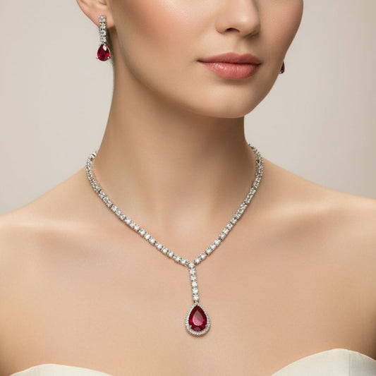 V-Neck AD Stone Necklace Set for Women | Elegant Silver Finish Jewelry - Red