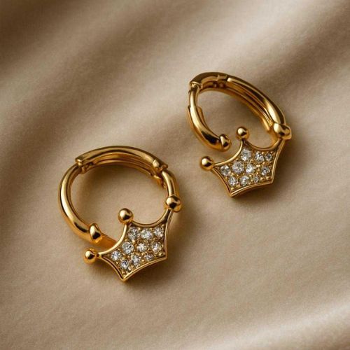 Mini Crown Hoop Earrings – Petite Royal Elegance : "Crown Sparkle Huggie Hoops – Rule Your Style Kingdom."