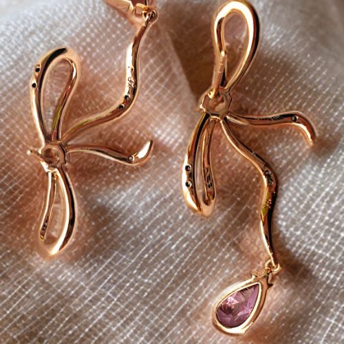 Blush Bow Dangling Stud Earrings – Stainless Steel Elegance - Delicately crafted in stainless steel, these blush pink stone bow earrings add a graceful touch of charm to any look.