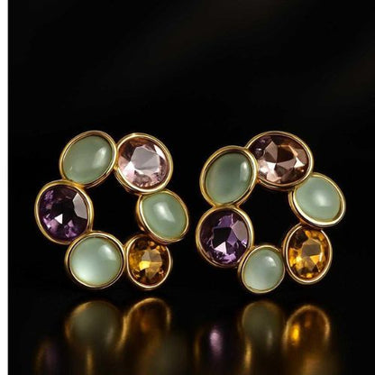 Golden Bloom Retro Studs - 18K Gold Plated Retro Stud Earrings Stainless Steel Oil Pressure Geometric Round with Diamond and Pearl Flower Pattern  &nbsp