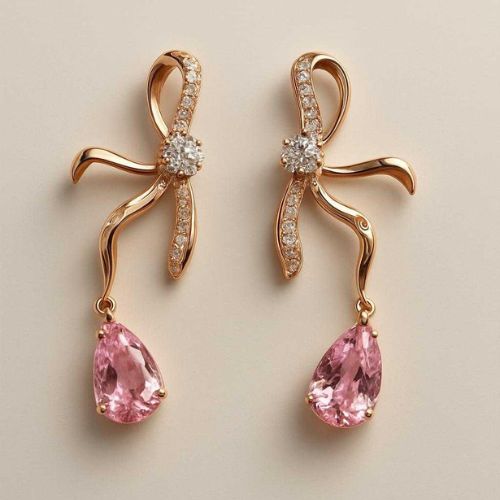 Blush Bow Dangling Stud Earrings – Stainless Steel Elegance - Delicately crafted in stainless steel, these blush pink stone bow earrings add a graceful touch of charm to any look.
