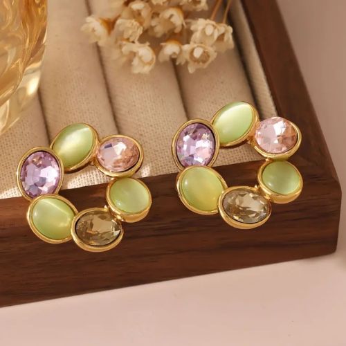Golden Bloom Retro Studs - 18K Gold Plated Retro Stud Earrings Stainless Steel Oil Pressure Geometric Round with Diamond and Pearl Flower Pattern  &nbsp