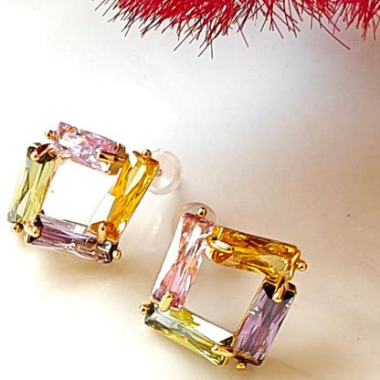 Multitone Square Studs - 18K Gold Plated Fashion Multi Color Stone Huggies Earring Jewlery