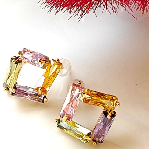 Multitone Square Studs - 18K Gold Plated Fashion Multi Color Stone Huggies Earring Jewlery