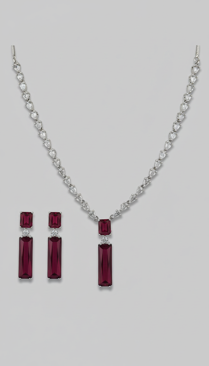 V-Neck AD Stone Necklace for Women | Elegant Silver Finish Jewelry - Red