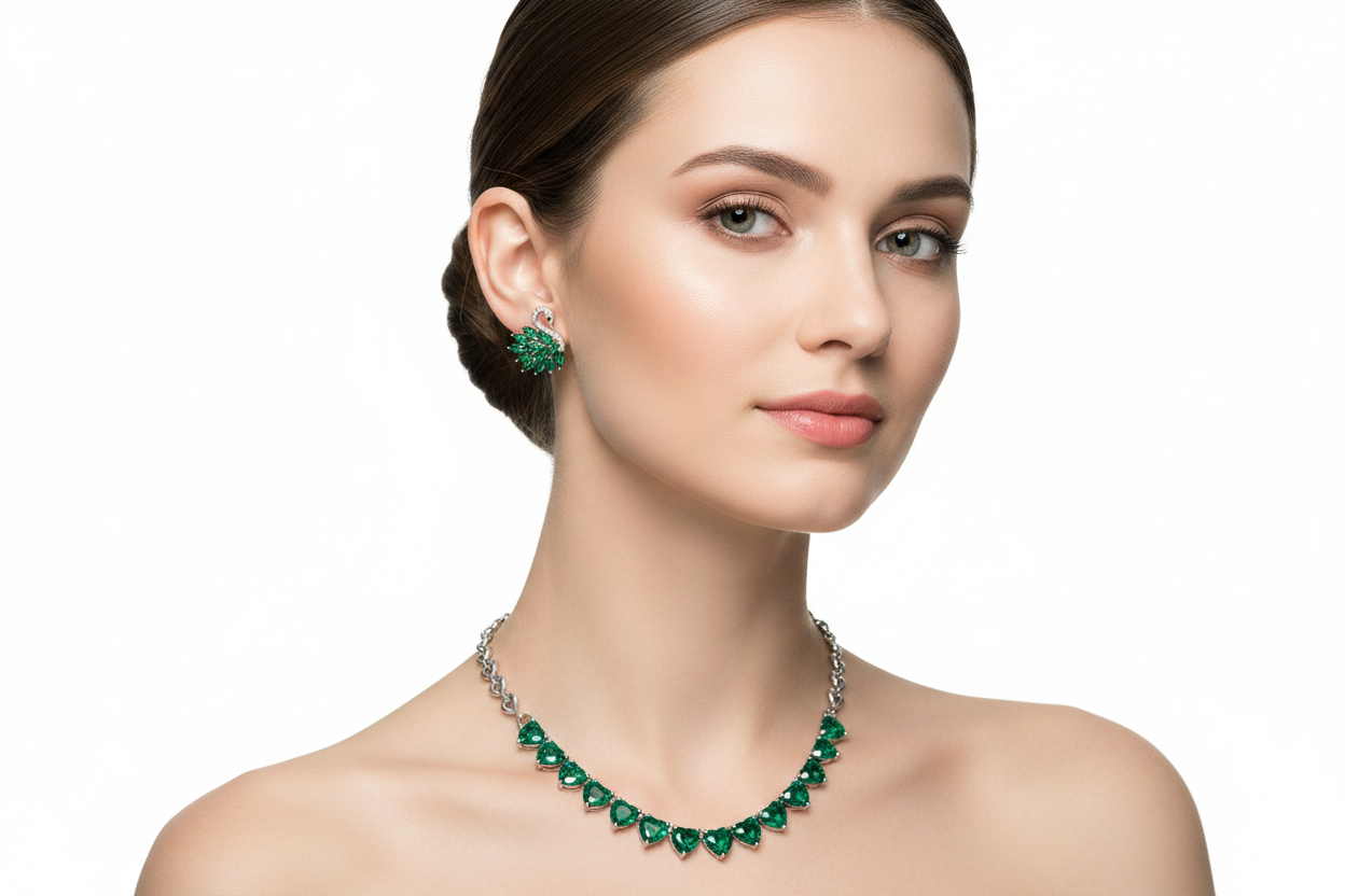 316L Stainless Steel - Silver Plated Green Zirconia Heart Necklace with Multi-Emerald Zirconia Swan Studs