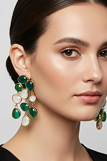 SET of 3 Gold Earrings| Combo Set for Women | Pearl Studs, Everyday Gold Earrings & Emerald Dangler | Anniversary Special