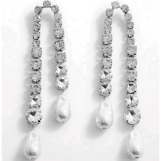 Long Dangling Earrings with Cubic Zirconia & Pearl – Zinc & Alloy