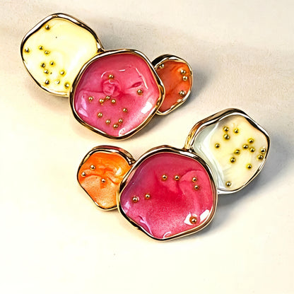 Gold Pleated in Stainless Steel Earrings - Sunset Whispers: Hand-Painted Pink & Orange Statement Earrings