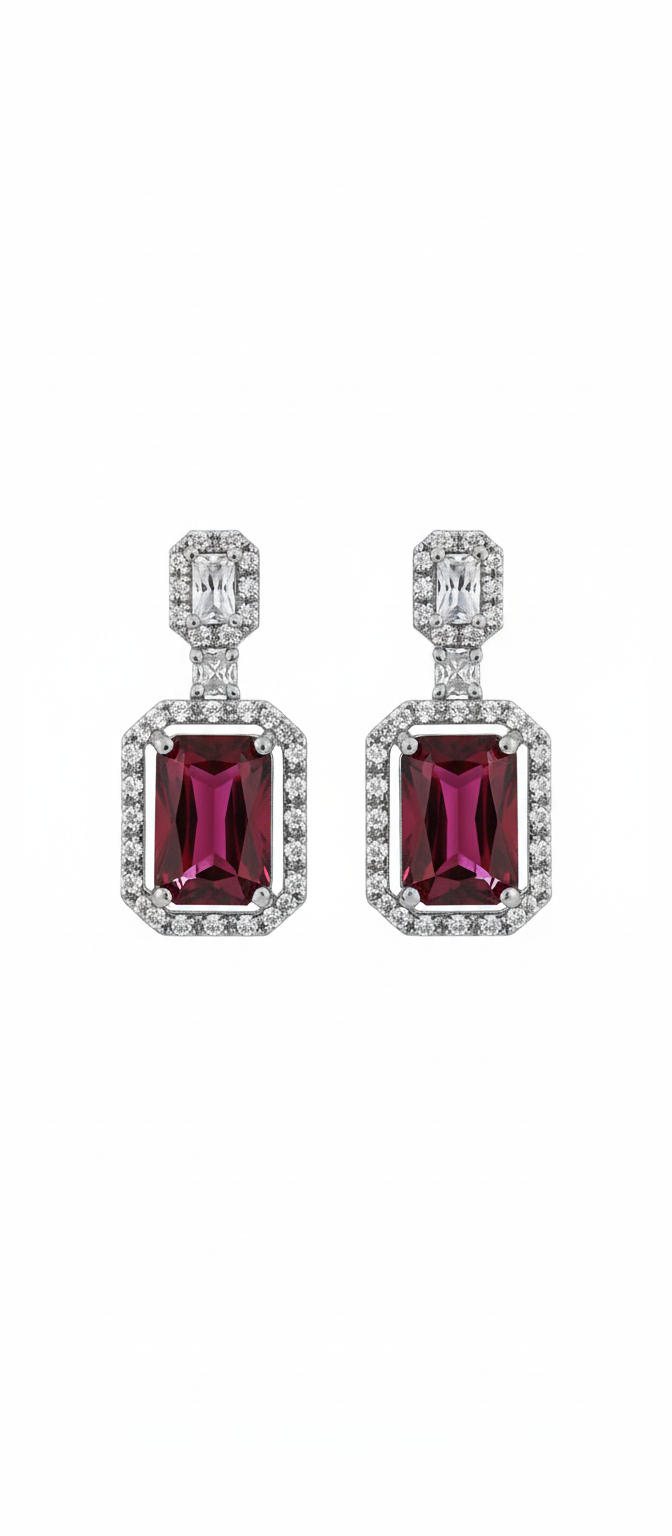 Red Rectangle Pendant AD Necklace Set – Silver Plated